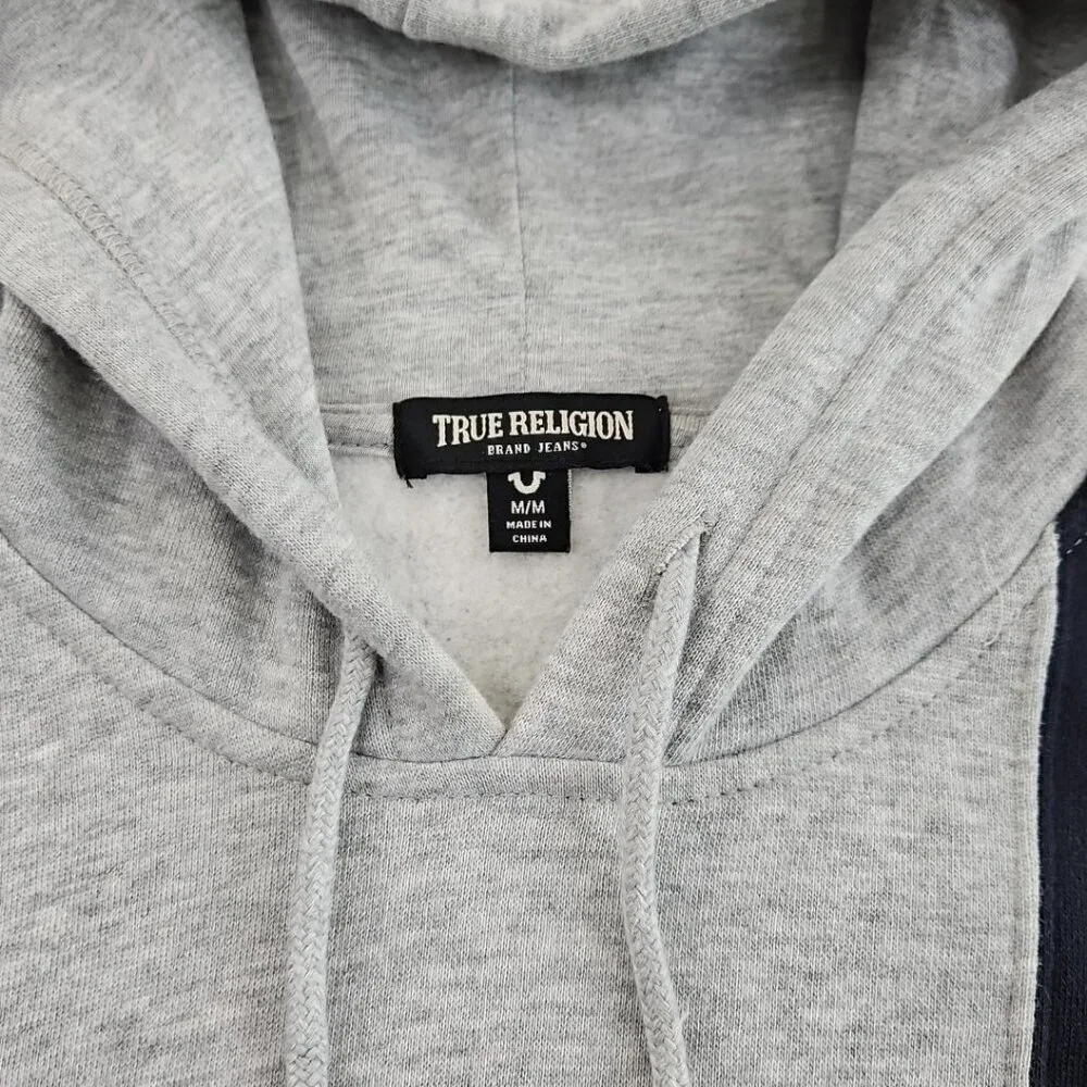 True Religion Colorblock Fleece Logo Hoodie Men's M Black Grey EUC Drawstring LS